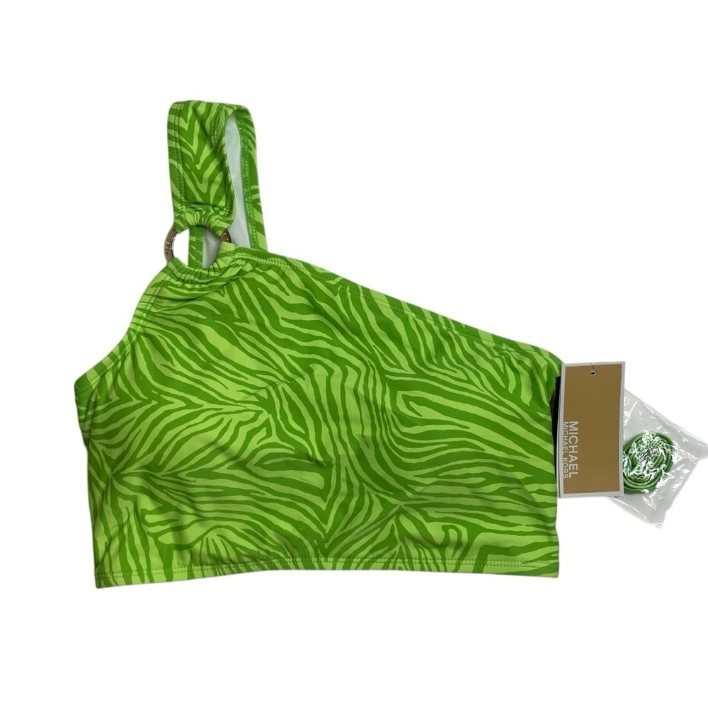 MICHAEL Michael Kors One-Shoulder O-Ring Bikini Top Green Apple Zebra Small New